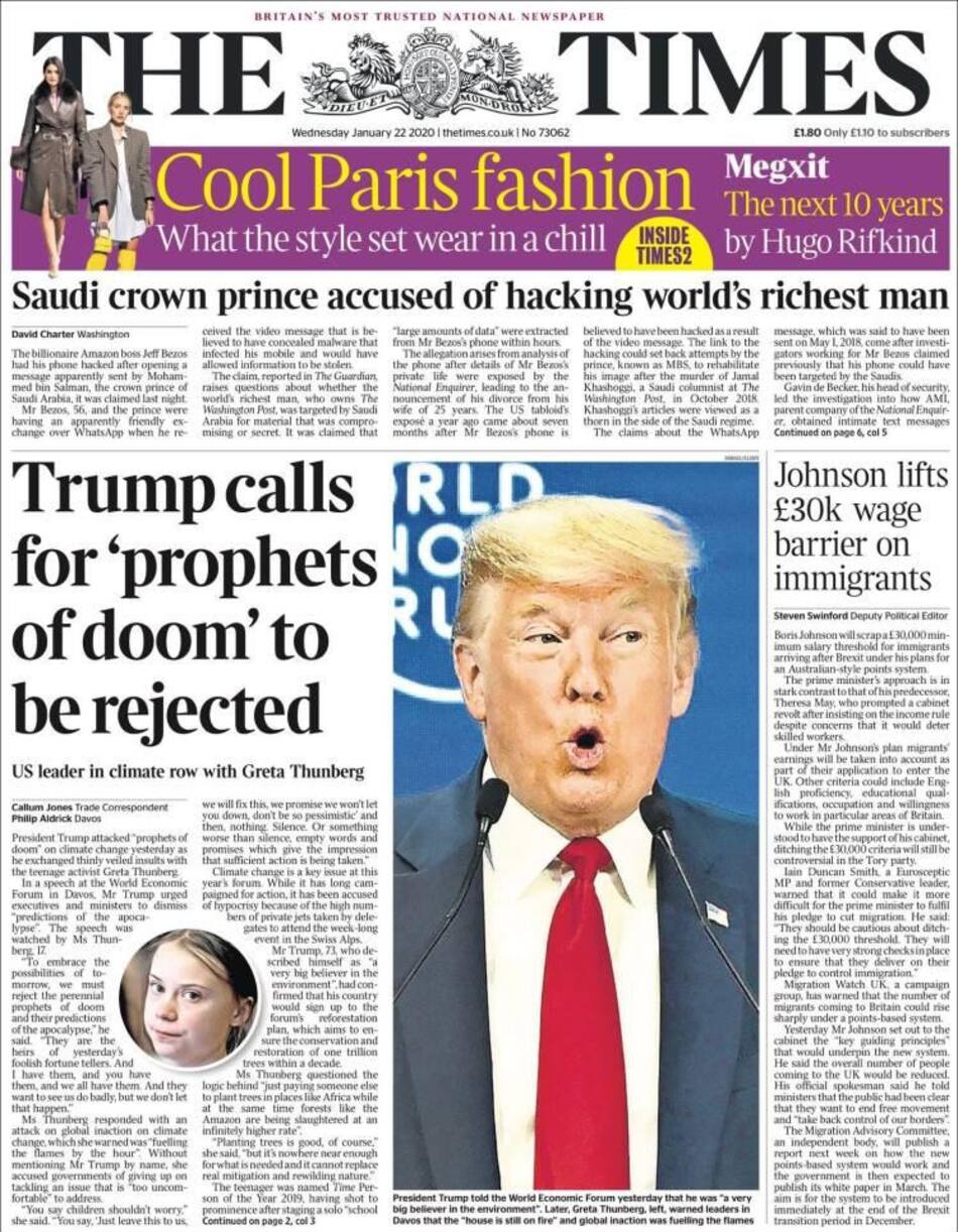 Tapas de diarios, Times, miércoles 22 de enero de 2020