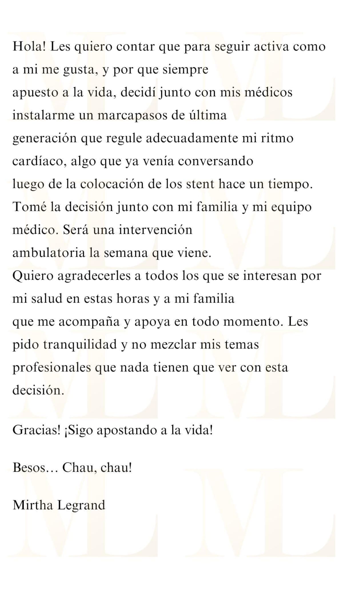 Comunicado de Mirtha Legrand. Foto: Twitter.