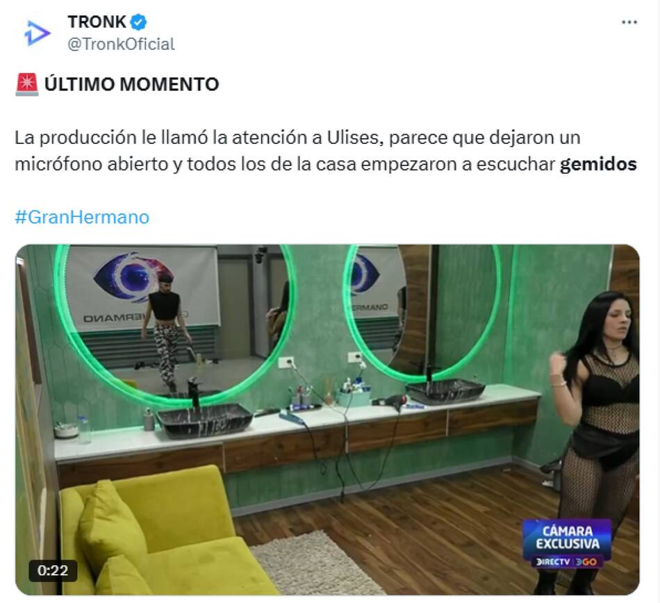 Confusión en Gran Hermano por sonidos sugestivos al aire. Foto: X / @TronkOficial.