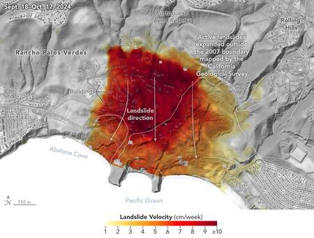 Vista de los deslizamientos de tierra en la península de Palos Verdes. Foto: Jet Propulsion Laboratory (NASA)