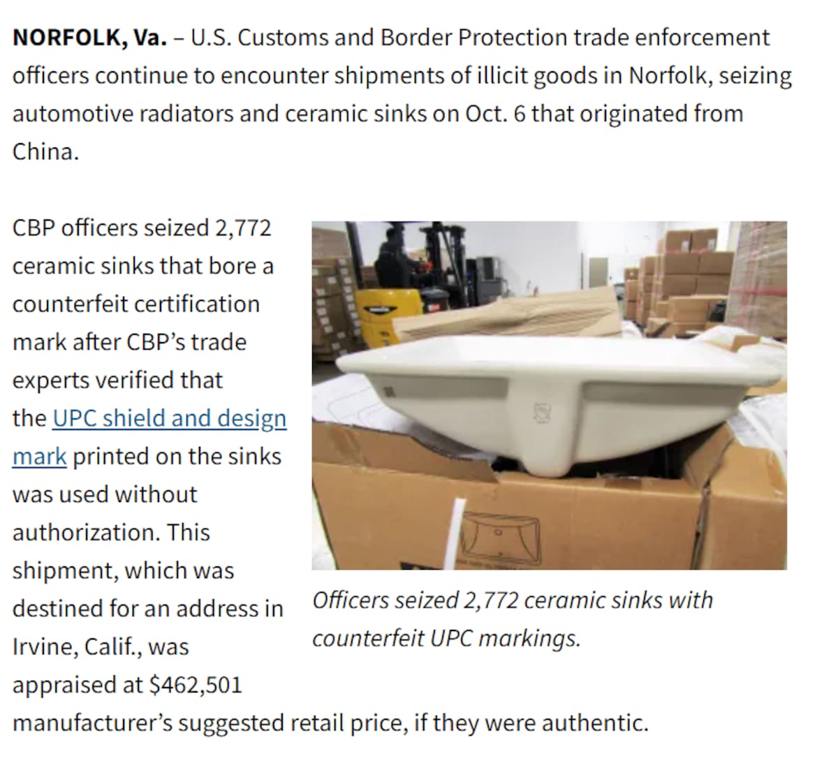 El comunicado de la CBP.