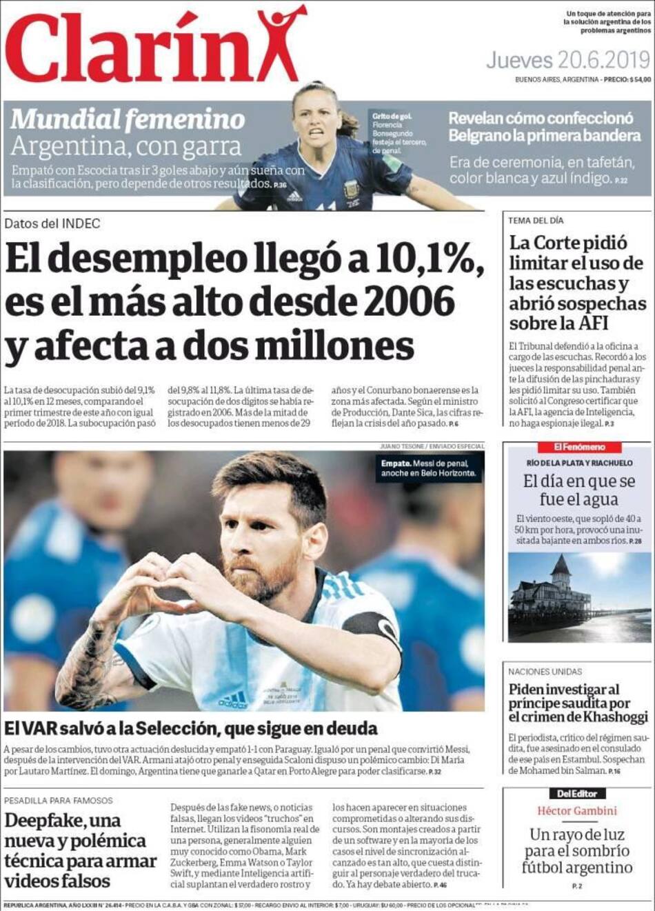 Tapas de diarios - Clarín jueves 20-06-19