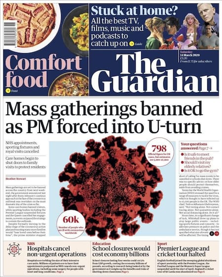 Tapa diarios, Guardian, sábado 14 de marzo de 2020