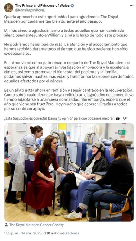 El posteo de Kate Middleton en X. Foto: NA.