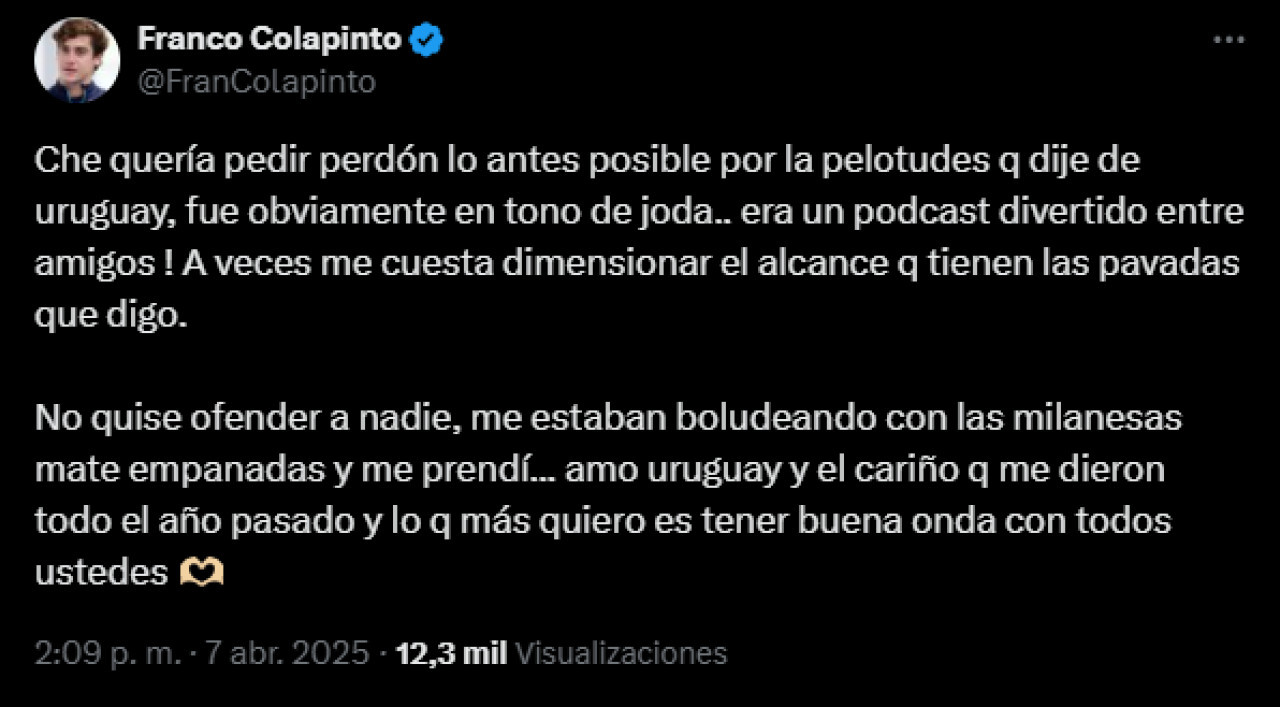 El pedido de disculpas de Colapinto. Foto: captura.