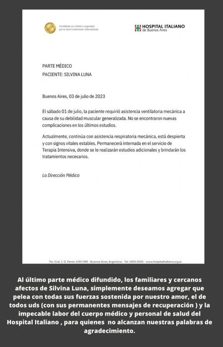 Parte médico de Silvina Luna 03-07-23