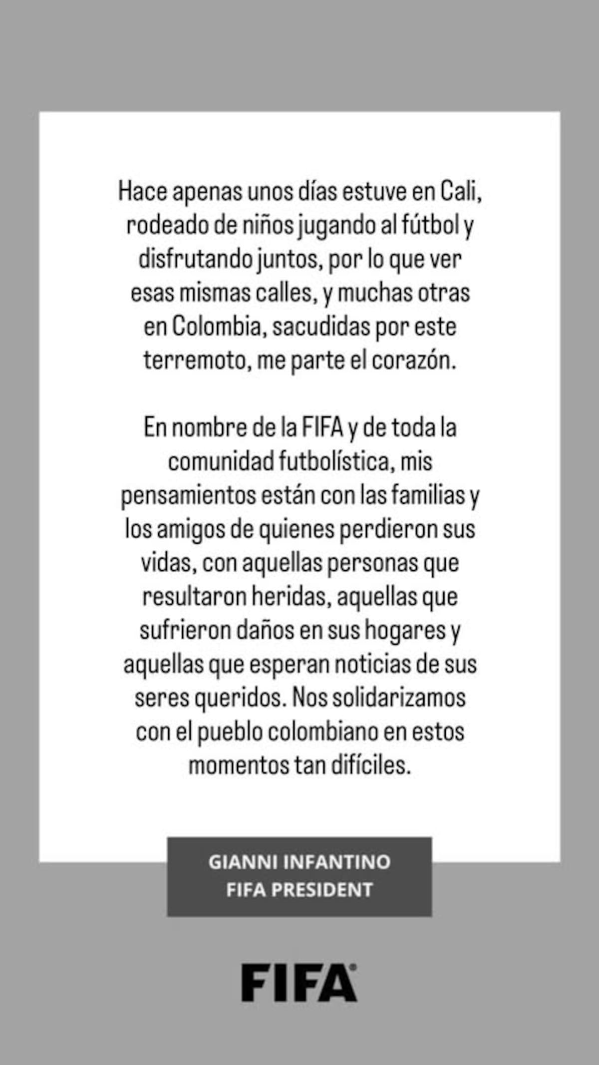 Mensaje de Gianni Infantino tras el terremoto en Colombia.