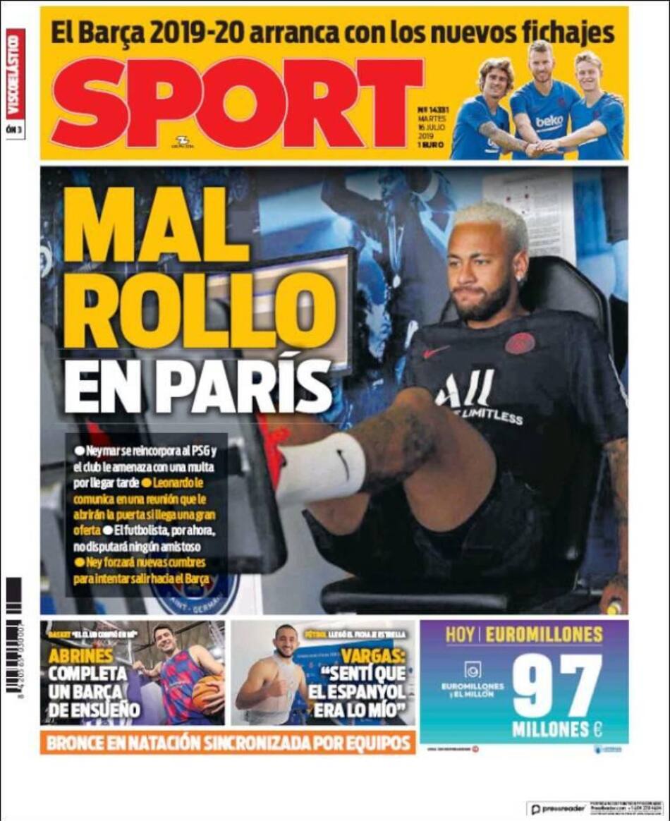 Tapas de diarios - Sport martes 16-07-19