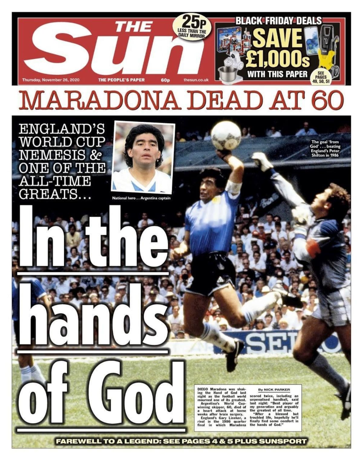 Muerte de Maradona por el diario inglés The Sun