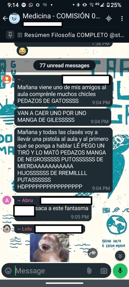 El mensaje amenazante de un alumno de la UNLaM. Foto: Captura WhatsApp.