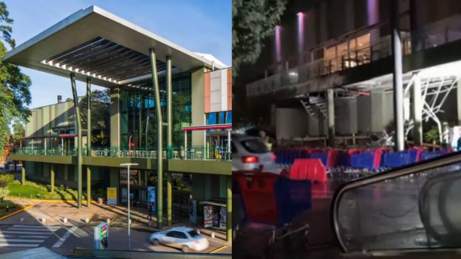 El antes y el después del techo que se derrumbó por la tormenta del shopping Terrazas de Mayo. Foto: X/@radiofmeclipse