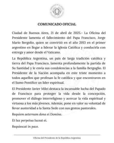 El comunicado del Gobierno de Javier Milei tras la muerte del papa Francisco
