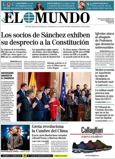Tapas de diarios, El Mundo, sábado 7 de diciembre de 2019