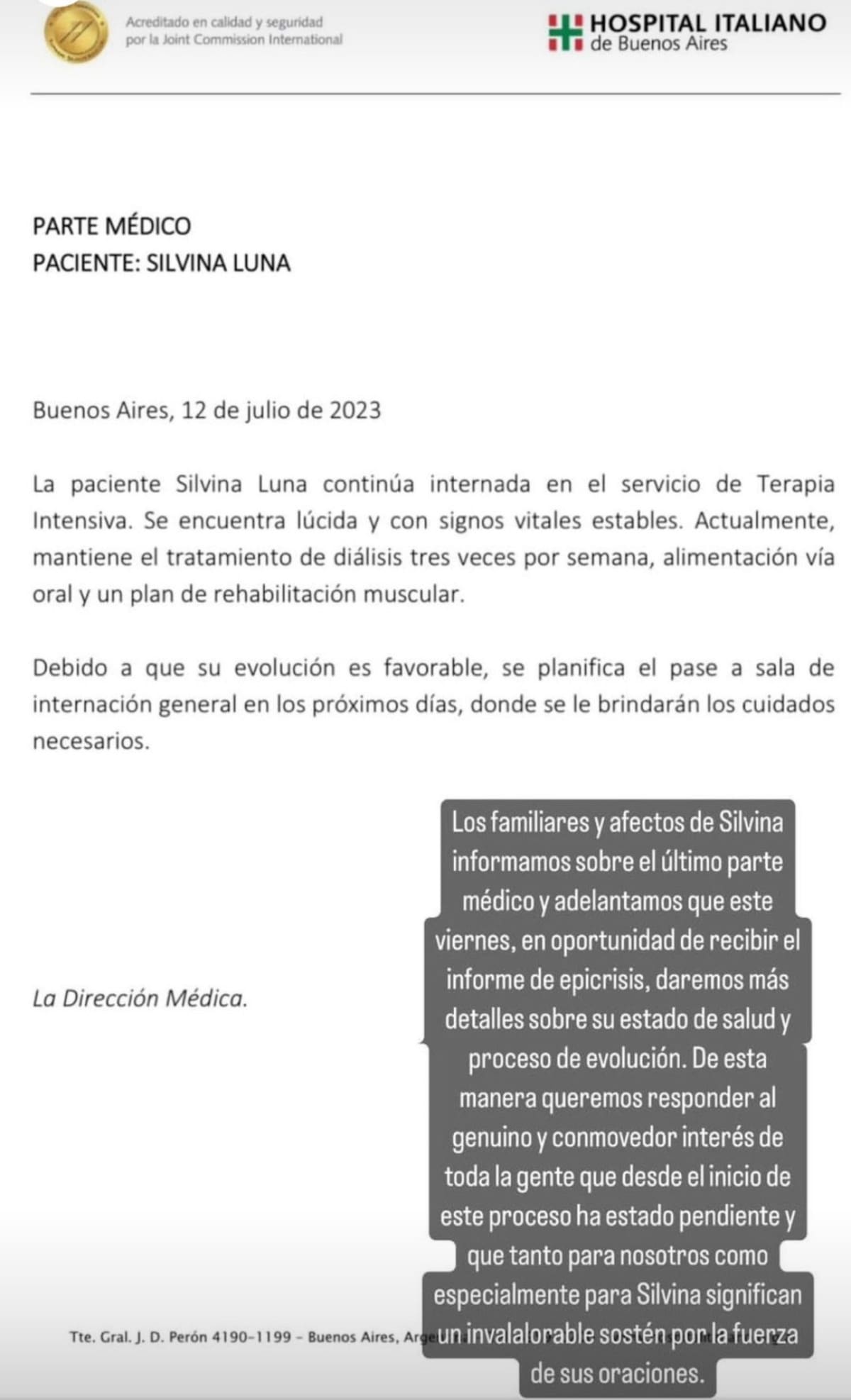 Parte médico de Silvina Luna 12-07-23