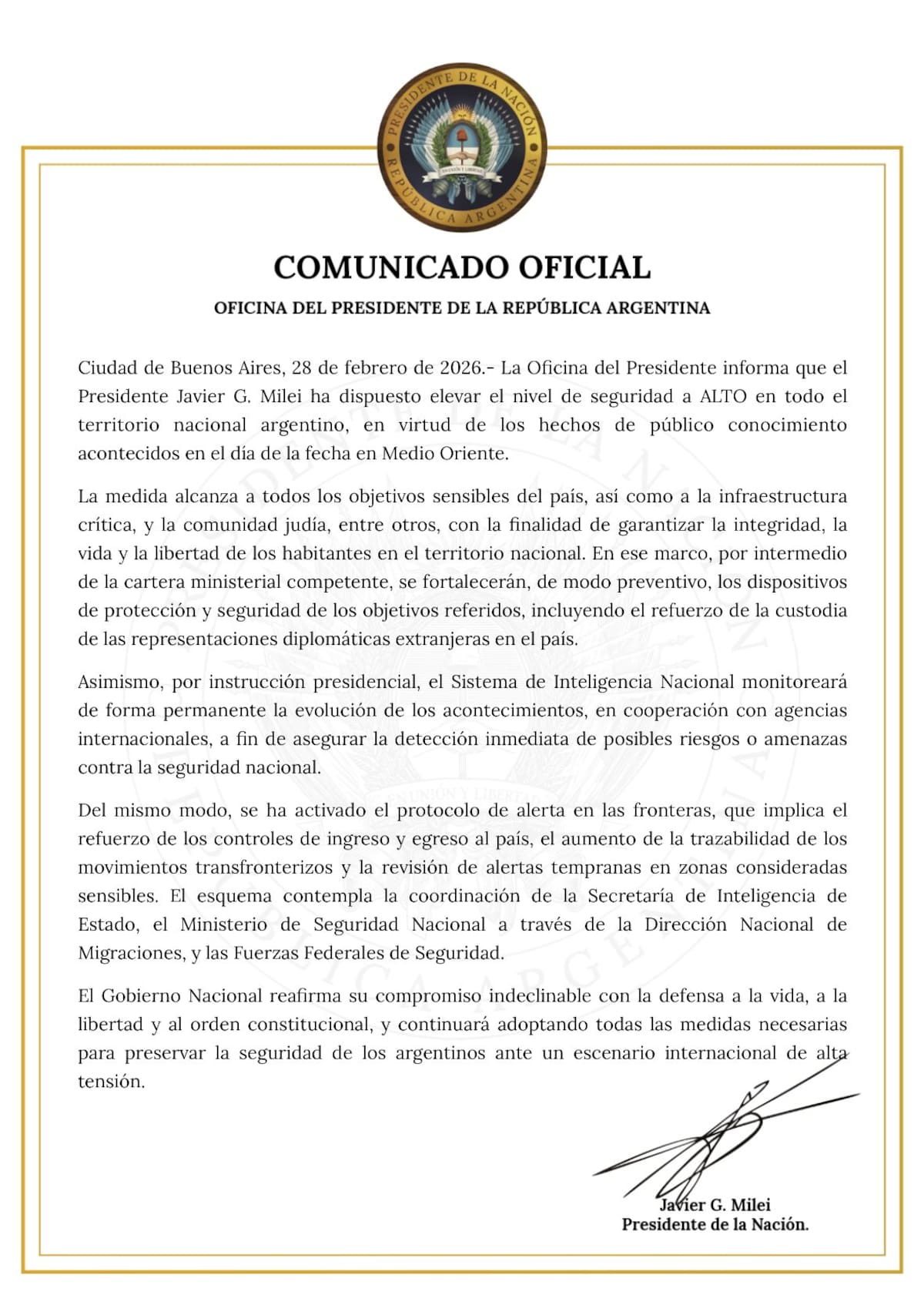 El comunicado de la Oficina del Presidente sobre los ataques en Medio Oriente.