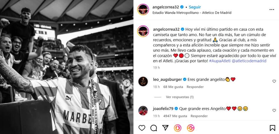 La publicación que hizo Ángel Correa en Instagram. Foto: @angelcorrea32