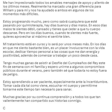 Comunicado de Kate Middleton. Foto: Twitter.