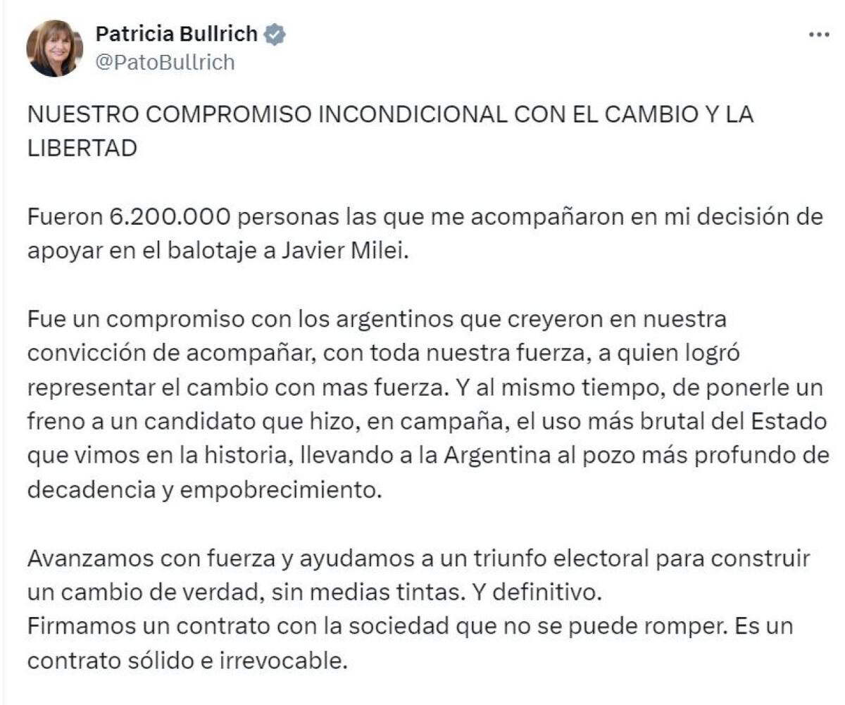 El tuit de Patricia Bullrich a la militancia del PRO. Captura.