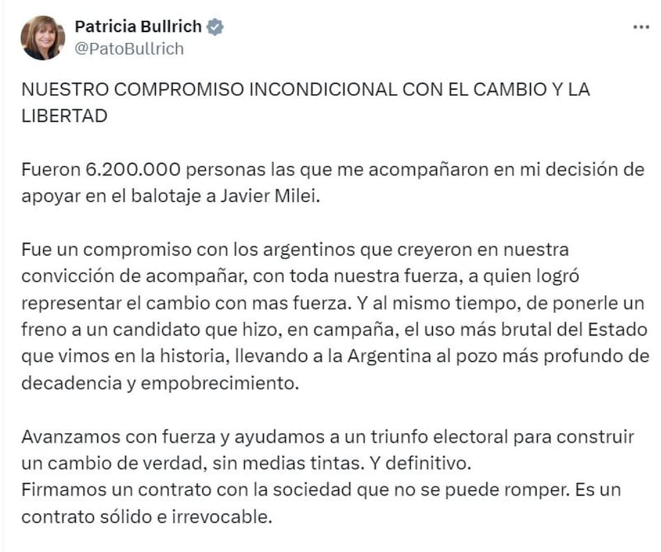 El tuit de Patricia Bullrich a la militancia del PRO. Captura.