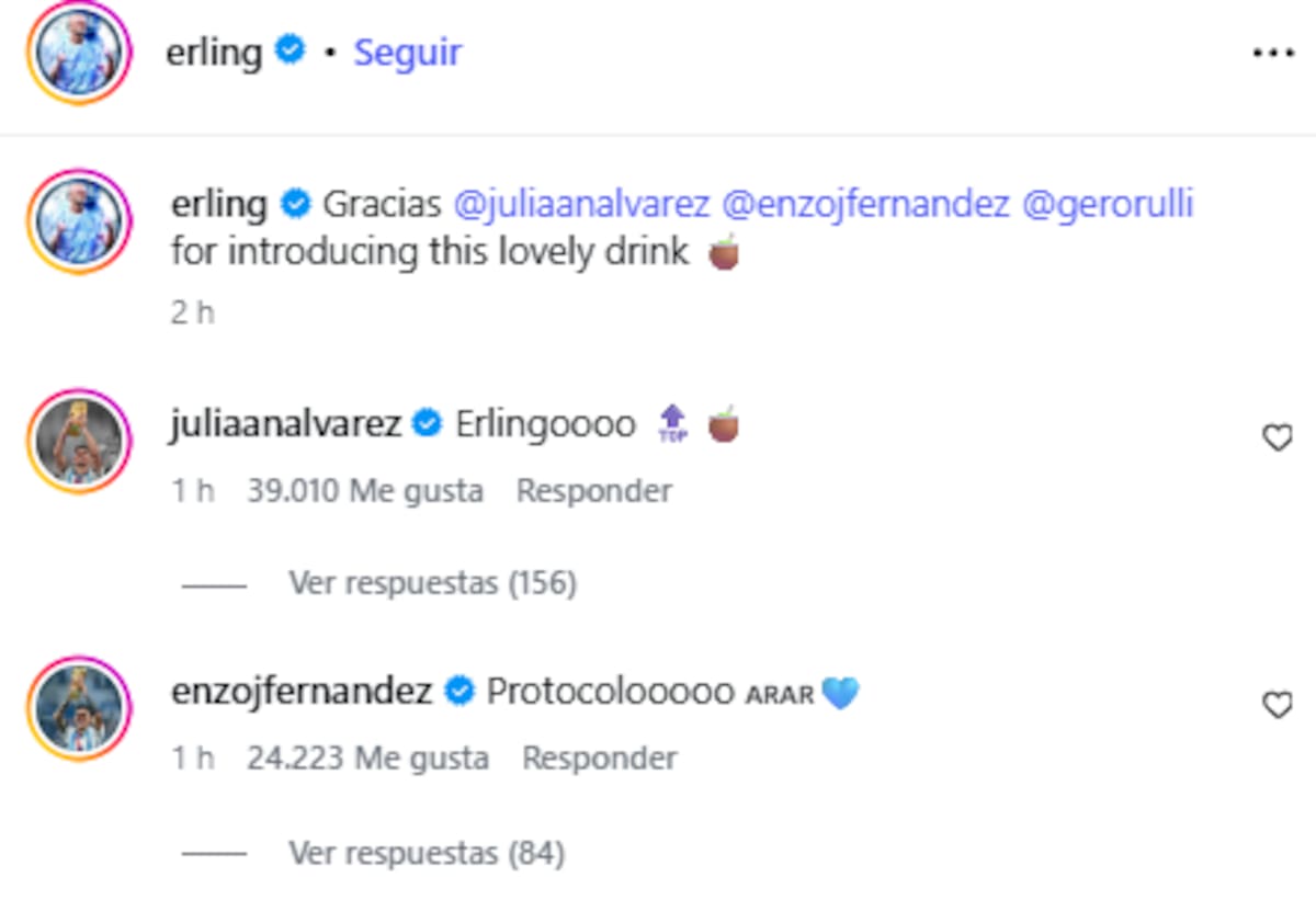 Erling Haaland apareció tomando mate y sorprendió con un mensaje para Julián Álvarez, Enzo Fernández y Rulli.