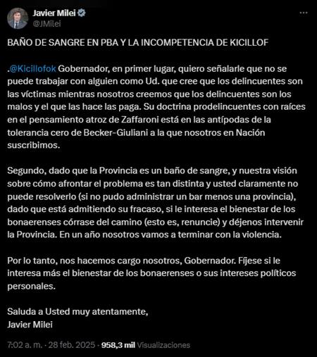 El mensaje de Javier Milei contra Axel Kicillof. Foto: captura x JMilei.