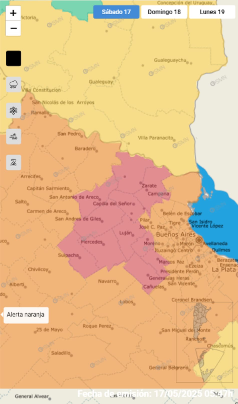 Partidos de Buenos Aires bajo alerta roja por tormentas fuertes. Foto: SMN.