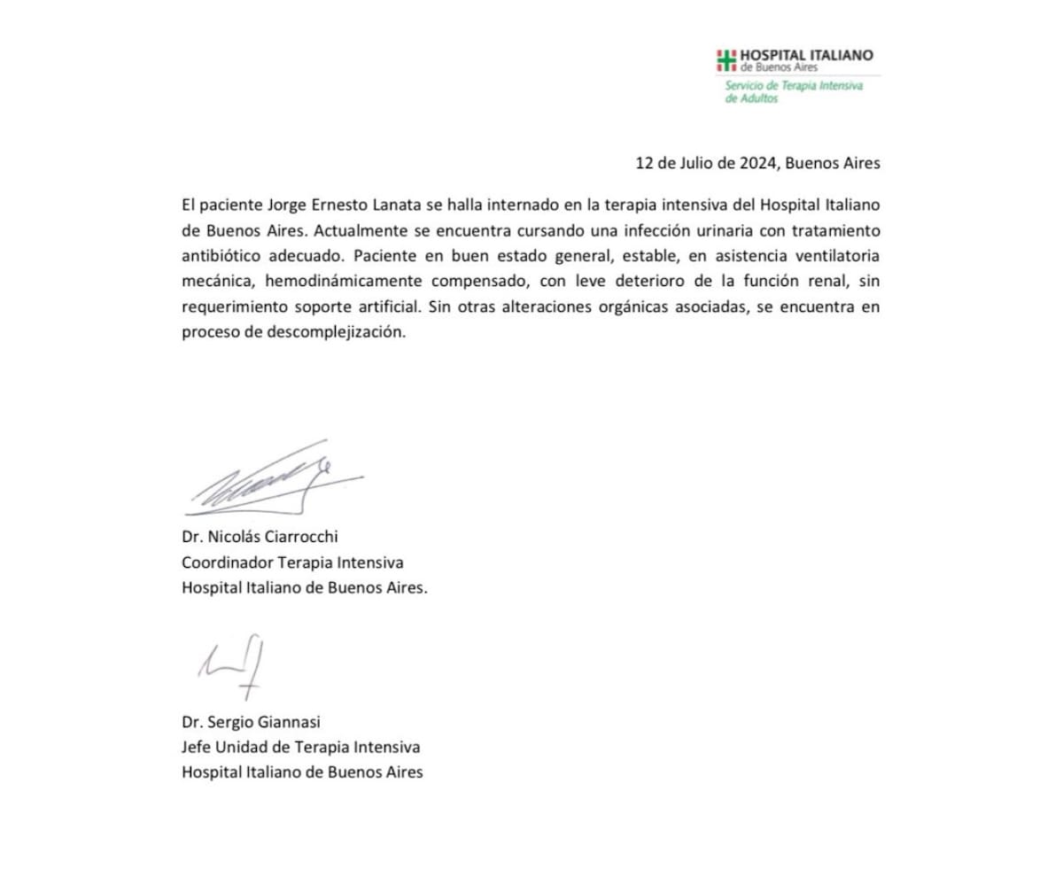 Parte médico de Jorge Lanata. Foto: Hospital Italiano