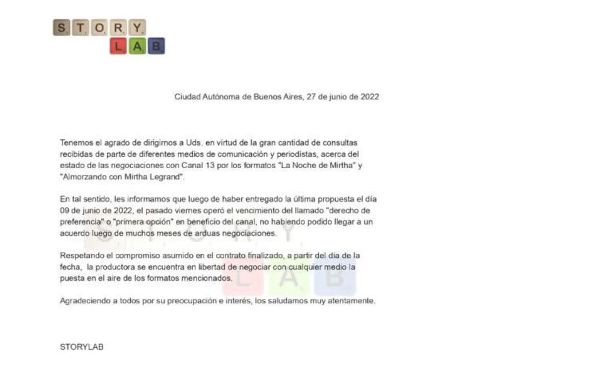 Comunicado sobre el futuro laboral de Mirtha Legrand. Foto: NA.