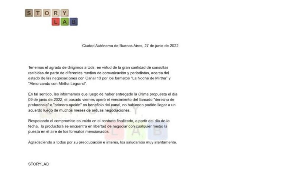 Comunicado sobre el futuro laboral de Mirtha Legrand. Foto: NA.