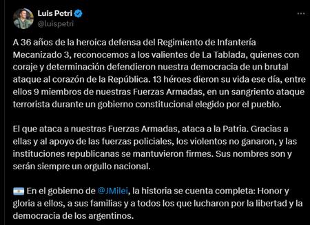 El mensaje de Luis Petri por el aniversario del copamiento de La Tablada. Foto: captura X