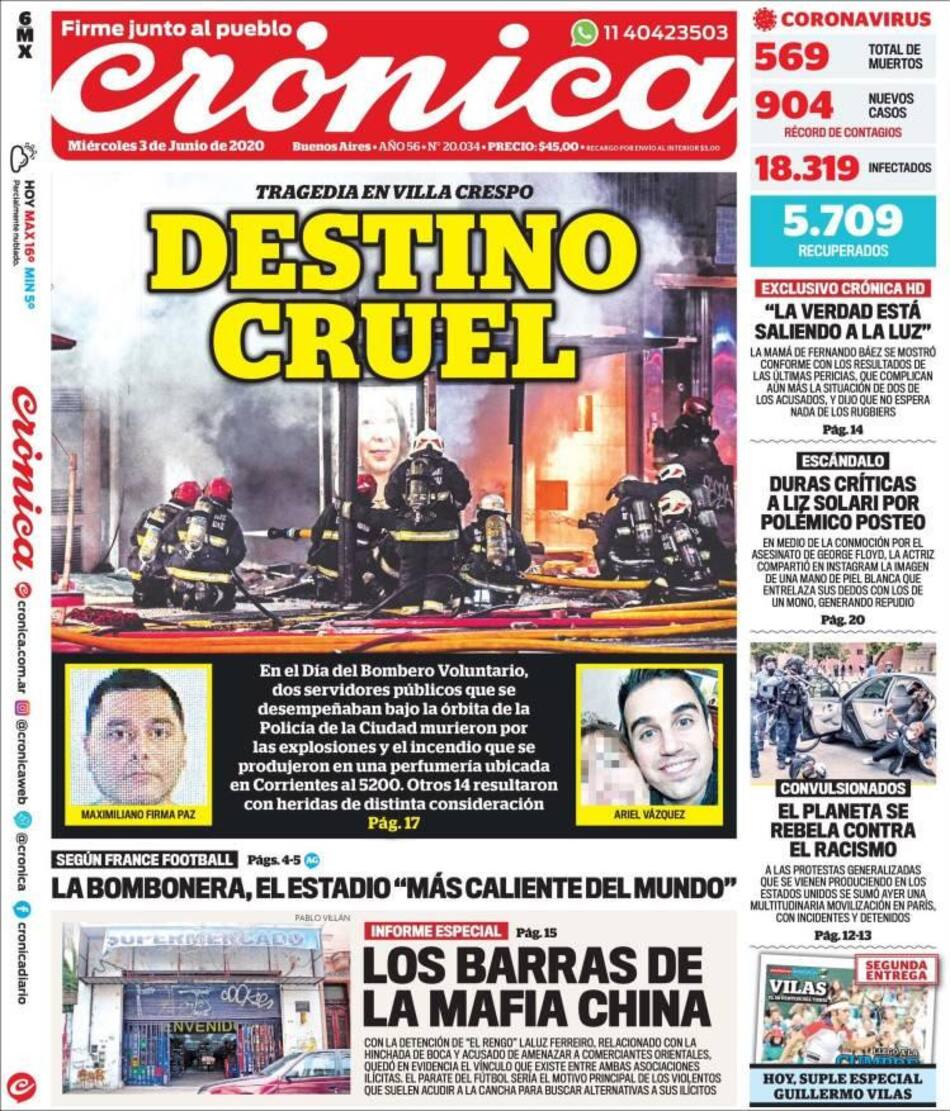 Tapas de diarios, Cronica, miercoles 3 de junio de 2020