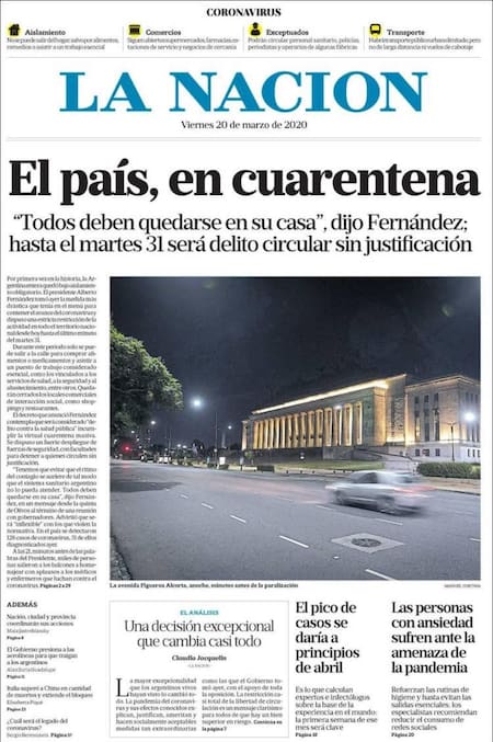 Tapas diarios, La Nación, viernes 20 de marzo de 2020