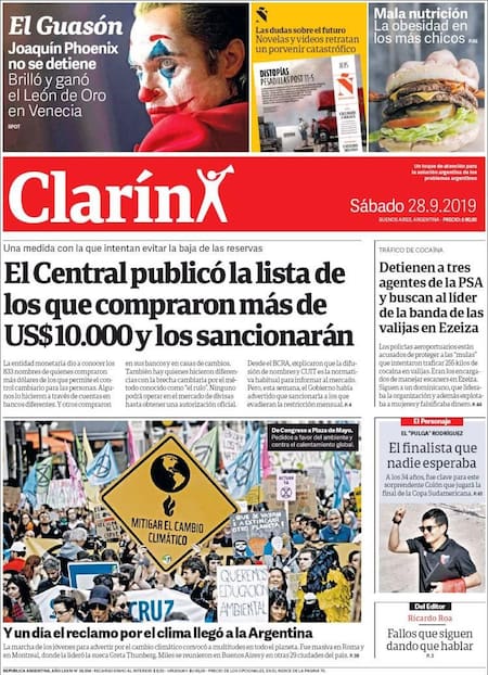 Tapas de Diarios - Clarín- Sábado 28-9-19