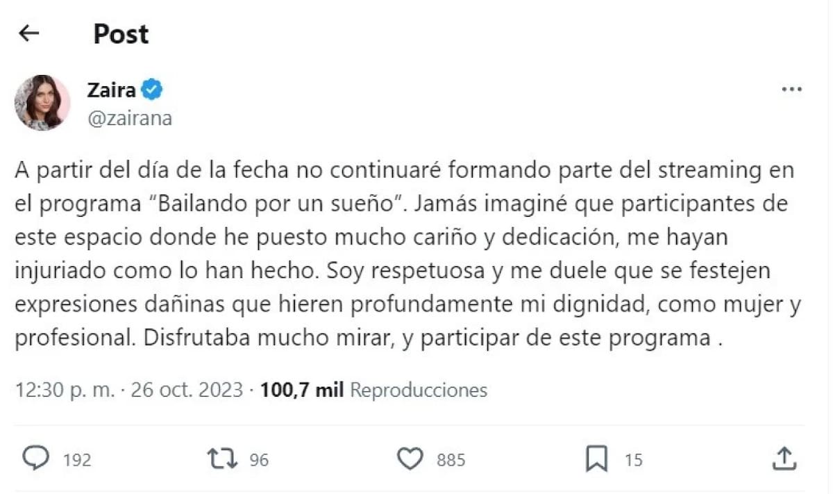 La renuncia de Zaira Nara. Foto: Twitter.