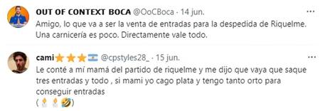 Expectativa por las entradas para la despedida de Juan Román Riquelme. Foto: Captura de Twitter.