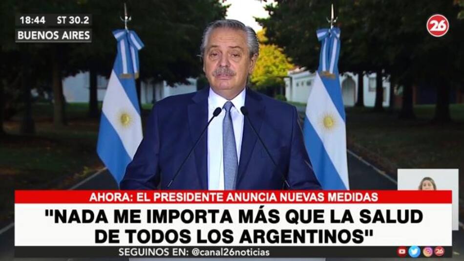 Alberto Fernández - Anuncio de nuevas medidas por segunda ola de coronavirus, CANAL 26