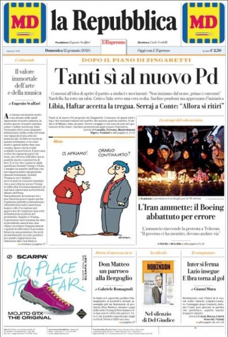 Tapas de diarios, Repubblica, domingo 12 de enero de 2020