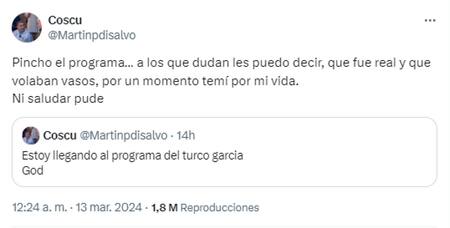 El mensaje de Coscu tras la pelea entre el Turco García y uno de sus invitados. Foto: Twitter.