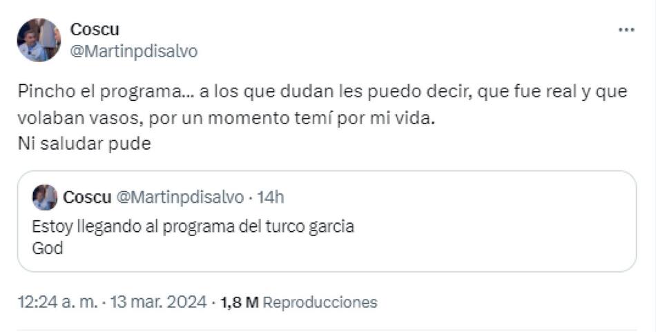 El mensaje de Coscu tras la pelea entre el Turco García y uno de sus invitados. Foto: Twitter.