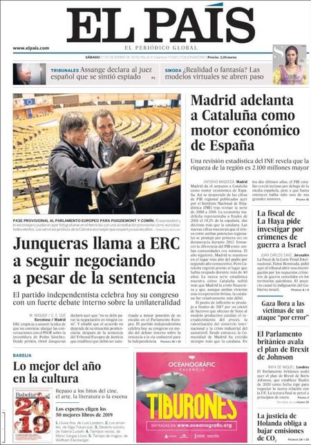 Tapas de diarios, El País, sábado 21 de diciembre de 2019