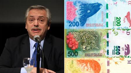 Alberto Fernández y billetes argentinos con animales