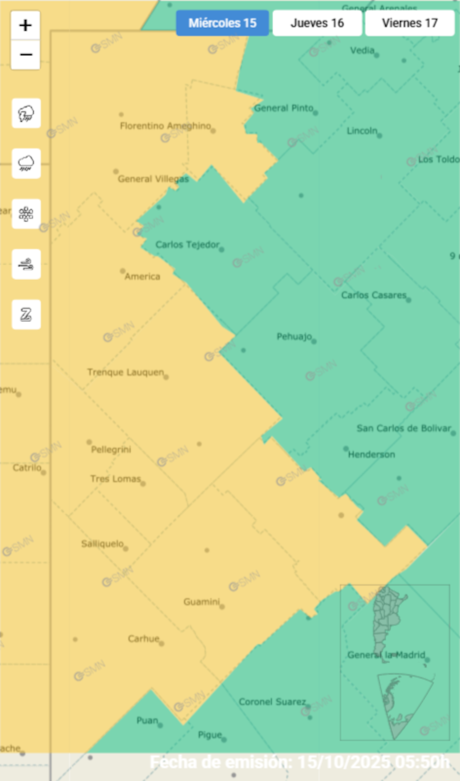 Las localidades de Buenos Aires afectadas por la alerta de vientos fuertes.