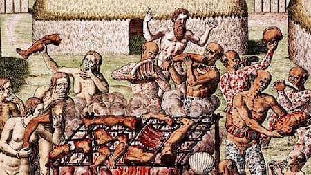 El canibalismo era practicado desde la era precolombina. Representación de Theodore de Bry de 1592