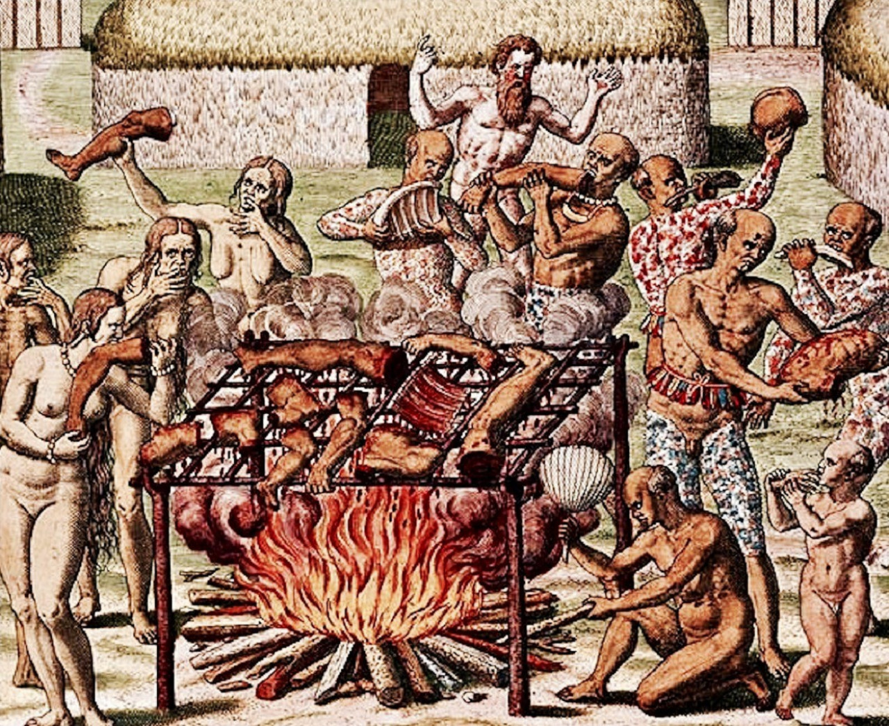 El canibalismo era practicado desde la era precolombina. Representación de Theodore de Bry de 1592