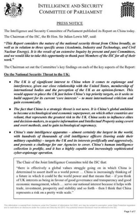 El documento del Comité de Inteligencia y Seguridad de la Cámara de los Comunes de Gran Bretaña. Foto: Reuters.