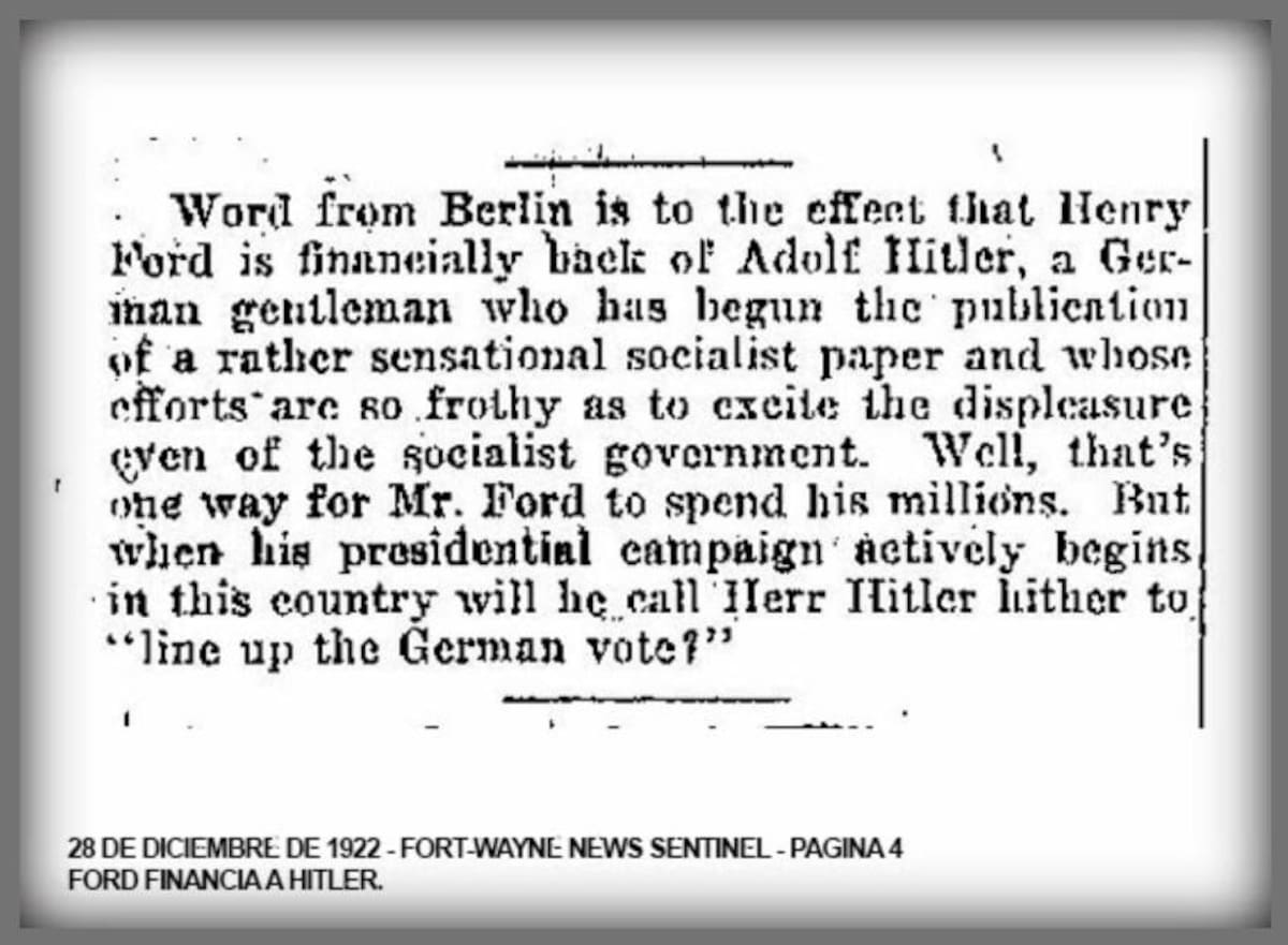 El financiamiento de Hitler de parte de Ford en la prensa. 28 de diciembre de 1922