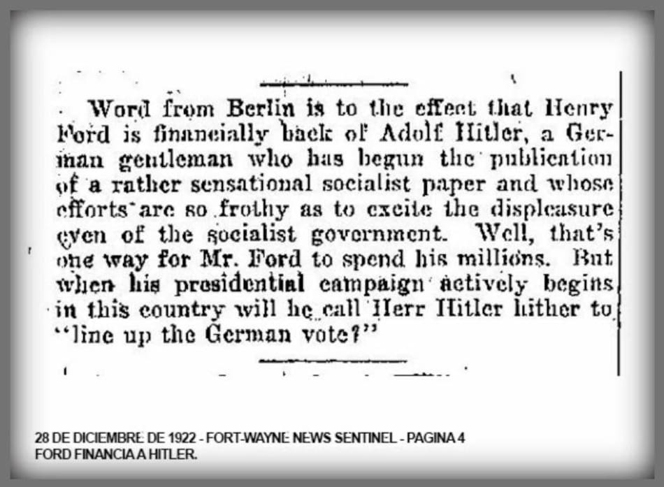 El financiamiento de Hitler de parte de Ford en la prensa. 28 de diciembre de 1922
