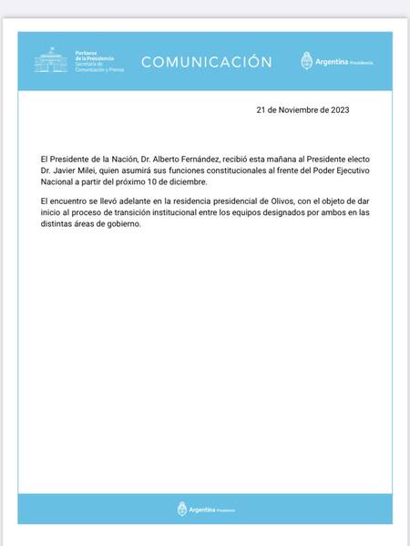El comunicado tras el encuentro entre Javier Milei y Alberto Fernández.