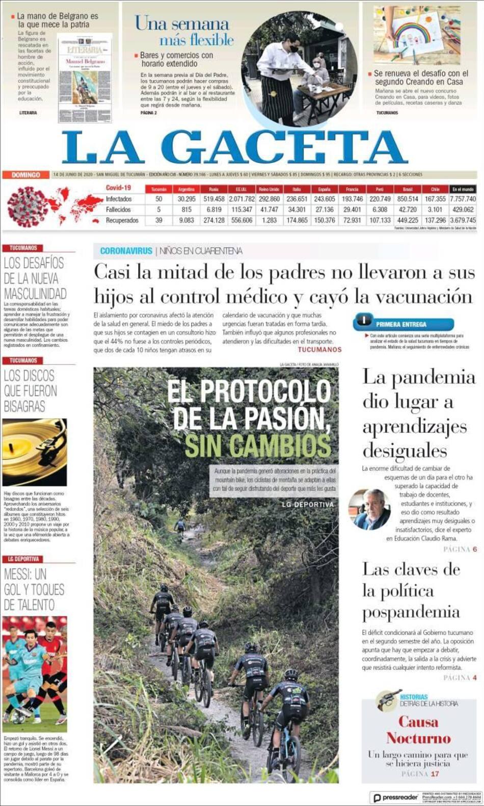 Tapa de diarios, La gaceta, domingo 14 de junio de 2020