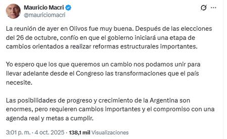 Reunión de Macri con Milei en Olivos